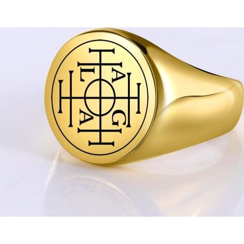 LIKGREAT AGLA Solomon Kabbalah Wheel of Fortune Protection Amulet Mens Ring Stainless Steel Gold Plated Big Signet Ring Jewelry