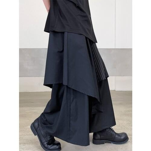 Mens new personality stripe splice design dark loose casual wide-leg trousers irregular large size bell bottoms