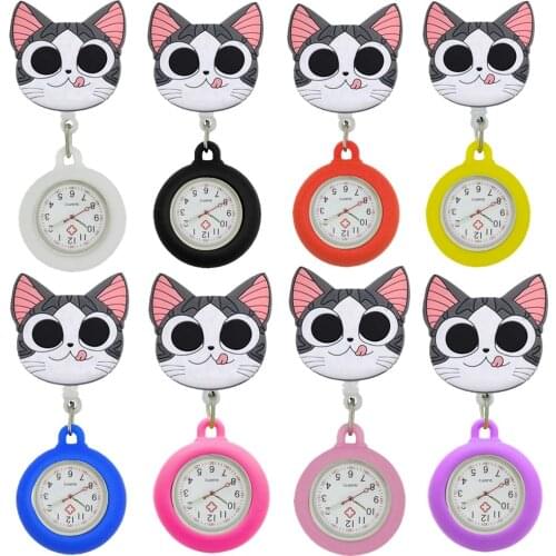 Creative New Trend Lovely Cartoon Cat Face Design Silicone Nurse Doctor Retractable Badge Reel Working Women Mens Pocket Watches