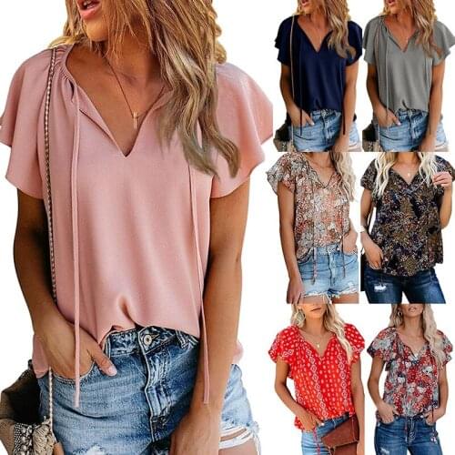 V Neck Simple Solid Short Sleeve Shirt Tees Womens Smmer Sexy Lace Up Casual T Shirt Plus Size Fashion Elegant OL Pullover Tops
