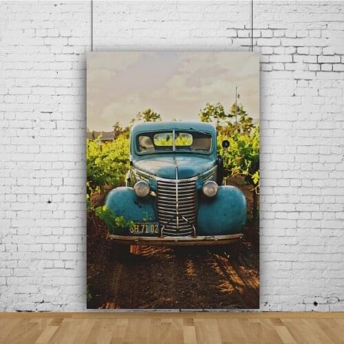 Retro Blue Car In The Field Portrait Photography Vinyl Background Decor Photocall Backdrop for Photo Studio Props