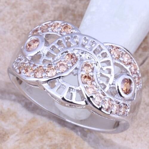 Romantic Champagne Morganite Silver Plated Womens Ring Size 6 / 7 / 8 / 9 R1311