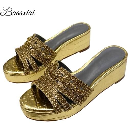 Luxury Rhinestone Womens Sandals Summer Genuine Leather Wedges Platform Slingbacks Fretwork Runway Lady Mules