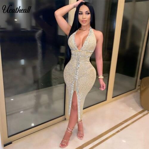 Sexy HoT Drilling Patchwork Midi Dress Women Deep V Neck High Split Bodycon Party Clubwear Dress Halter Backless Bodycon Outfits