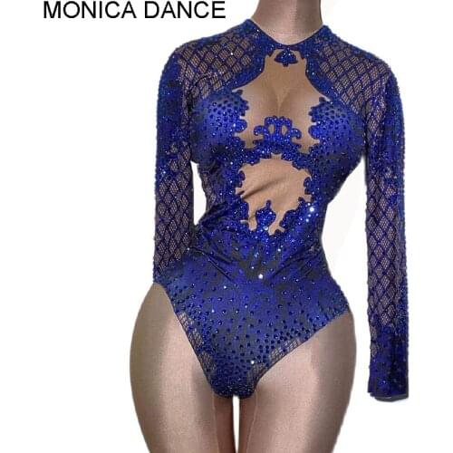 Sexy Blue Print Rhinestone Dancer Bodysuit Women Long Sleeve Elastic Crystal Jumpsuit Female Club Showgirl Stage Leotard Costume