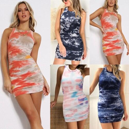 Sexy Dresses Women Summer Fashion Tie-Dye Print O-Neck Sleeveless Mini Pleated Package Hips Dress Bodycon Dress
