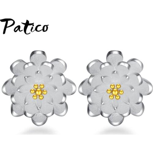 Top Brand Korean Women 925 Sterling Silver Plant Shape Pierced Stud Earrings Lotus Flower Ear Studs Trendy Birthday Gift Jewelry