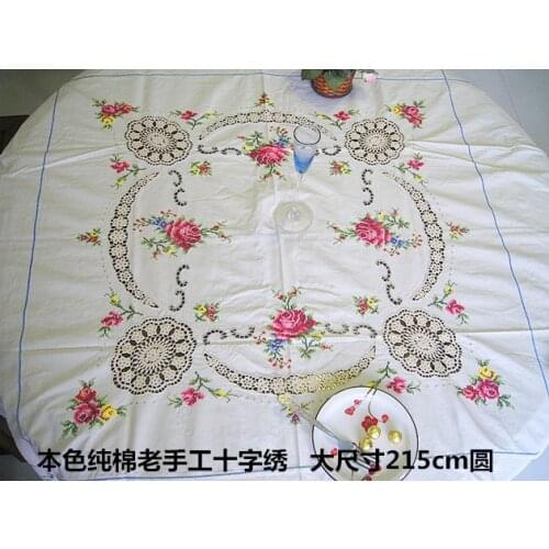 Hand made cross embroidered tablecloth, round size 215cm, old hand embroidered rose boutique