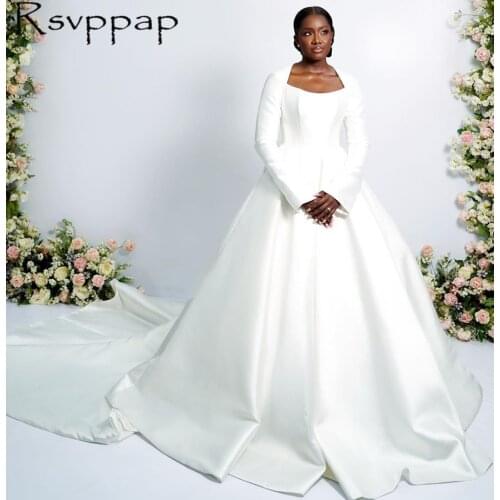 Africa Style Long Sleeves White Satin A-line Church Wedding Dresses Bridal Gowns 2021