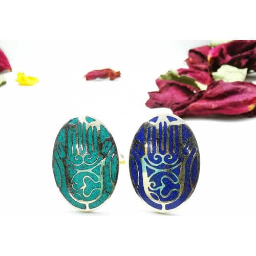 Tibetan Rings Buddhist Buddha Hand Amulet Stamp Ring Copper inlaid Stone Oval R030