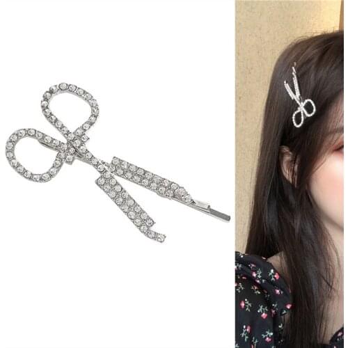 Funny Rhinestone Metal Scissors Barrette Hairpin Cute Shears Hair Clips for Women Girls Kids Hair Sticks 2021 New Arrival Trend