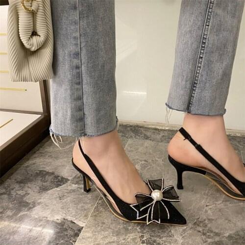 Fashion Women Sandals Pointed Toe Air Mesh Back Strap Thin High Heels Black/Silver Bow Design Wedding Pumps Party Sandals 35-39