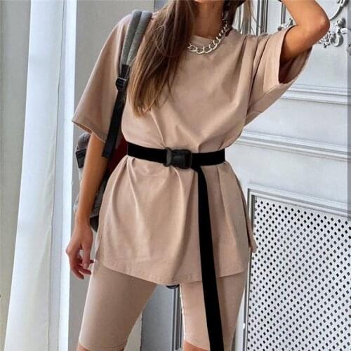 Fashion Womens Suit Solid Loose O-Neck Top Black Shorts Sport Suit Summer Women Clothing Set Casual Daily Two Piece Sets Outfit