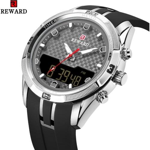 Mens Watches Top Luxury Brand Men PU Band Sports Watches REWARD Mens Quartz LED Digital Clock Waterproof Military Wrist Watch