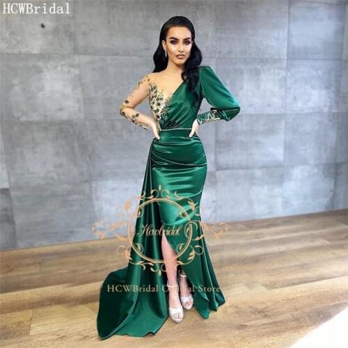 Exquisite Crystal Saudi Arabic Evening Dress Long Sleeves Side Slit Plus Size Formal Women Dress Customize Special Occasion Gown
