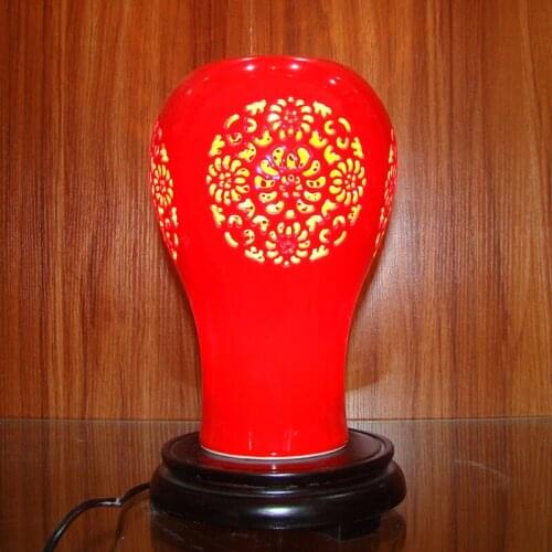 Red Old Traditional Vintage chinese porcelain ceramic table lamp bedroom living room wedding table lamp Jingdezhen