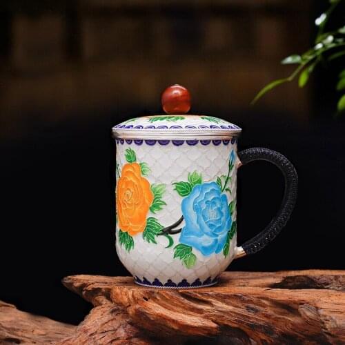 Mug Cup Pure Silver 999 Flowers open Rich Handicraft Enamel Teapot Cloisonne Tea Cup