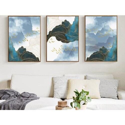 New chinese golden blue banner style Mountains Canvas painting Bedside poster n prints Wall Art Posters For Living Room Bedroom
