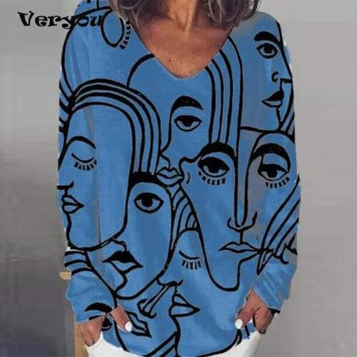 New Fashion Womens Elegant Loose Pullover Shirt Women Long Sleeve Tops Female V-Neck T Shirt Abstract Face Print T-shirt 2021
