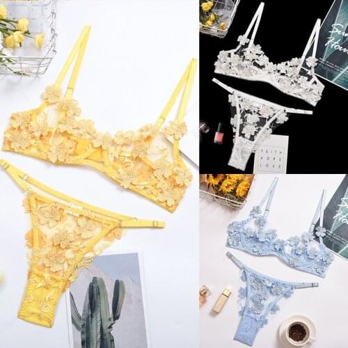 Sexy Thong Lace Push Up Bra Set Erotic Lingerie Women Underwear Sets Intimates Embroidery Floral Black White Bra Brief Sets
