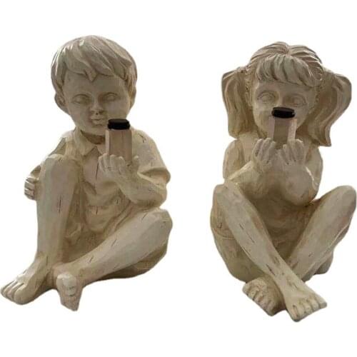 Solar Powered Fireflies Jar Boy Girl Resin Statue Garden Pastoral Luminous Figure Sculpture Courtyard Figurines Decoration