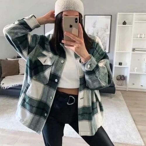 Loose cloth grid coat female SD9728 more European and American wind of new fund of 2021 spring lapel shirt