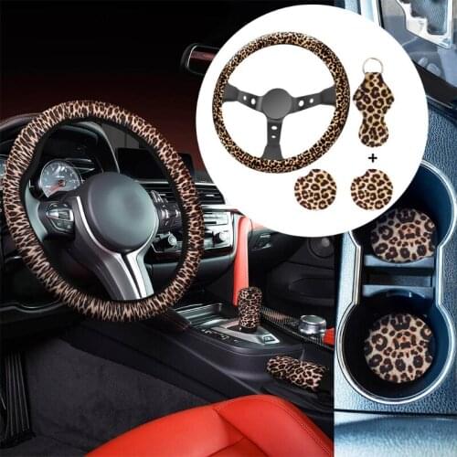 Vehicle Supplies Set 14-16inch Diameter Leopard Printed Car Steering Wheel Cover Protector Car Coasters Keychain