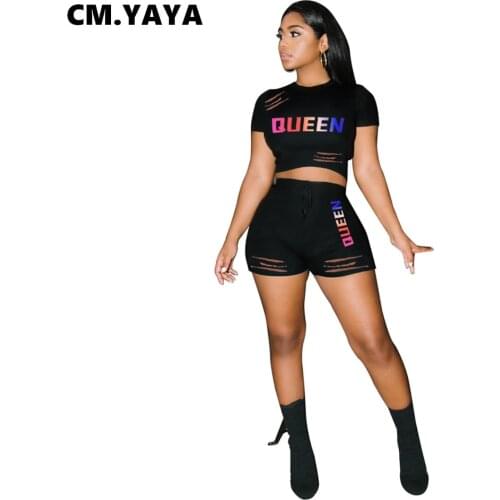 CM.YAYA Women Set Letter Print Crop Tops Drawstring Waist Elastic Shorts 2 Piece Sets Tracksuit Active Weatsuit Outfit Workouts