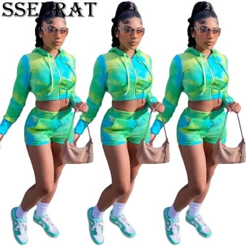 SSEURAT Women Set Print Full Sleeve Hooded Zipper Tops Shorts 2 Piece Sets Summer Tracksuit Casual Outfit 2021