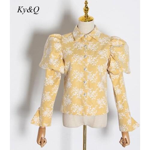 Brand Design 2020 Winter Embroidered Vintage Bubble Sleeve Rhinestone Buckle Embroidery Shirt Womens Tops And Blouses Clothes