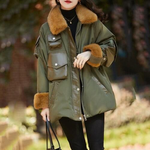 Duck Down Jacket Women Winter Thick Warm Batwing Long Sleeve Loose Plus Size Genuine Leather Pocket And Real Mink Fur Collar
