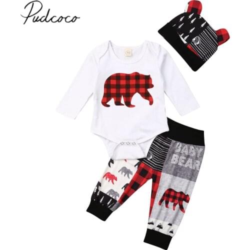 2020 Baby Spring Autumn Clothing 3PCS Newborn Baby Boy Girl Christmas Clothes Set Bear Print Romper Pants Ears Hats Outfits