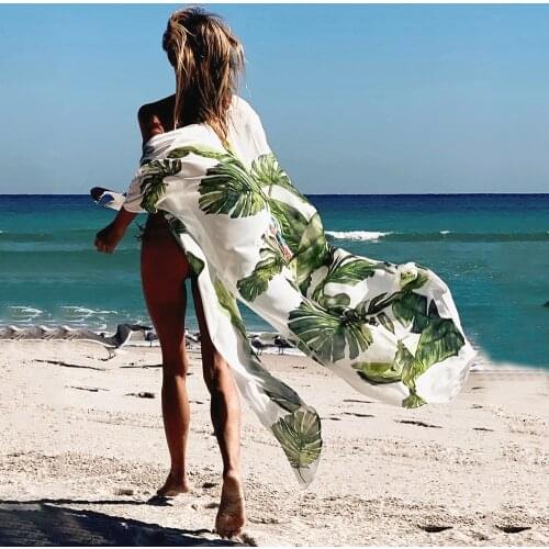 2021 Sexy Boho Sexy Pirnt Chiffon Bathing Suit Cover-ups Beach Wear Kimono Dress For Women Summer Swimsuit Cover Up