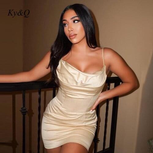 Champagne Satin Spaghetti Strap Mini Night Club Party Dresses Women Backless Sleeveless Sexy Skinny Summer Dress Elegant