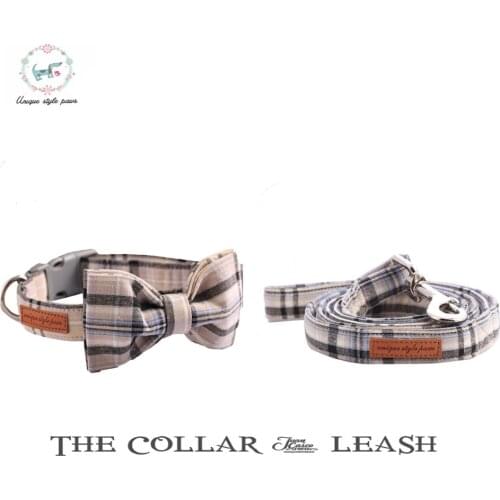 White Plaid Cotton Dog Collar with Bow Tie and Leash Set Plastic Buckle Dog&Cat Collar Pet Products Quality Dog Collar