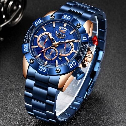 2020 All Steel Watch LIGE Men Fashion Blue Quartz Mens Watches Top Brand Luxury Wristwatch Business Waterproof Sport Clock+Box