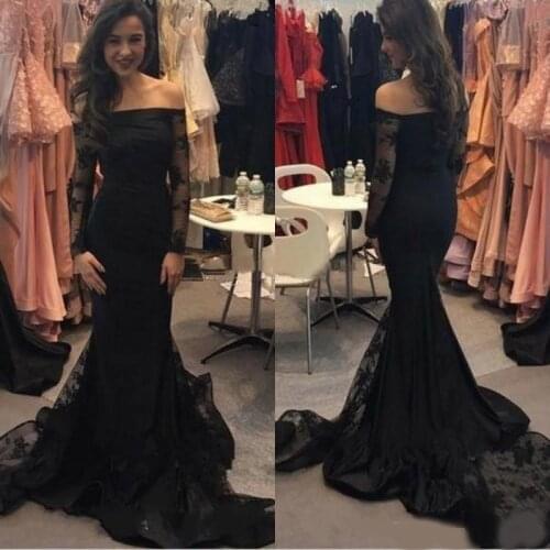 2020 Black Mermaid Prom Dresses Off Shoulder Lace Appliques Long Sleeves Sweep Train Modest Evening Pageant Party Gowns