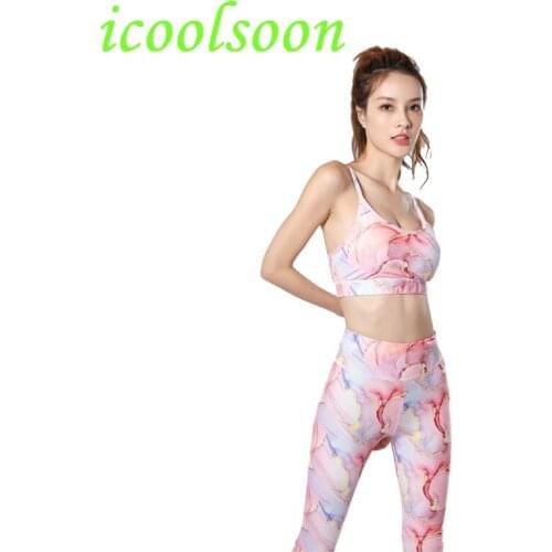 ICOOLSOON new clothing digital printing womens summer running tights gym thin suit leggings two piece yoga set biker shorts 2