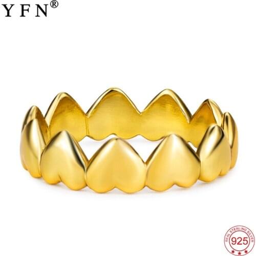 100% Real 925 Sterling Silver Heart Pattern Ring Lovely Sweet Gold Color Rings Fashion Jewelry & Accessories For Women GNJ8867
