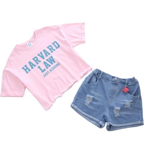 4-14 Y Summer Girl Clothing Set Girls Letter T-shirts & Jeans Short 2 Piece 2018 New Fashion Pink Blue Children Cotton Clothes