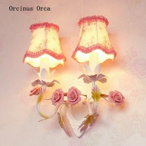 Korean romantic garden rose wall lamp Girl Bedroom childrens room Princess Room European pink flower wall lamp