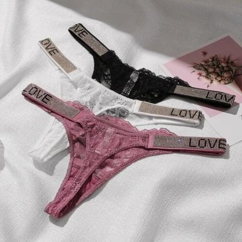 Lace Sexy G String Women Panties Seamless Underwear Rhinestone Letter Transparent Thongs For Female Low Rise Ladies Briefs