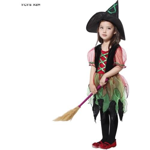Cap and dress Girls Halloween Witch Costumes for Kids Children Sorceress Cosplay Carnival Purim Stage show Role play party dress