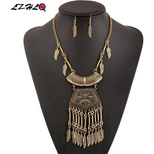 LZHLQ Vintage Maxi Pendant Necklaces Ethnic Carving Leaves Tassel Necklace Women Sweater Chains Plated Alloy Accessory Statement