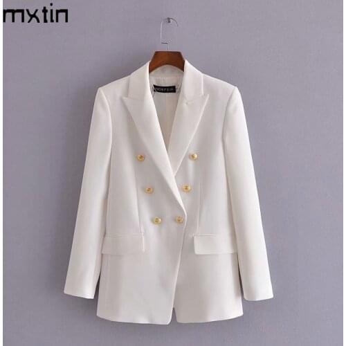 MXTIN 2021 Women Spring Vintage Solid Double Breasted Blazers Coat Fashion Lapel Collar Long Sleeve Office Ladies Casual Coat