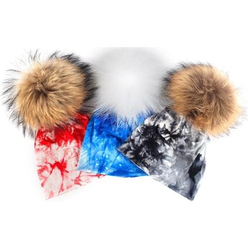 New Kids Beanies Casual Tie Dye Fashion Toddler Hat With Real Pom Pom Soft Warm Baby Caps infant Elastic Windproof Skullies Hat
