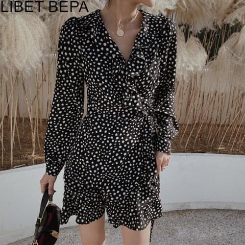 2021 New Womens Summer Autunm Dresses Polka Dot High Waist V-Neck Korean Elegant Vintage Lace Up Wild Lady Mini Dresses DR3129