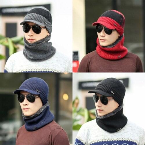 New Men Winter Cap Scarf Set Warm Crochet Knit Braided Woolen Skull Hat Ski Hat winter hat
