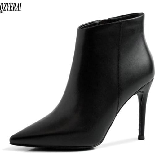 QZYERAI New style Ankle boots Genuine leather Female boots 9 cm high heels Womens boots Head layer cowhide Womens shoes