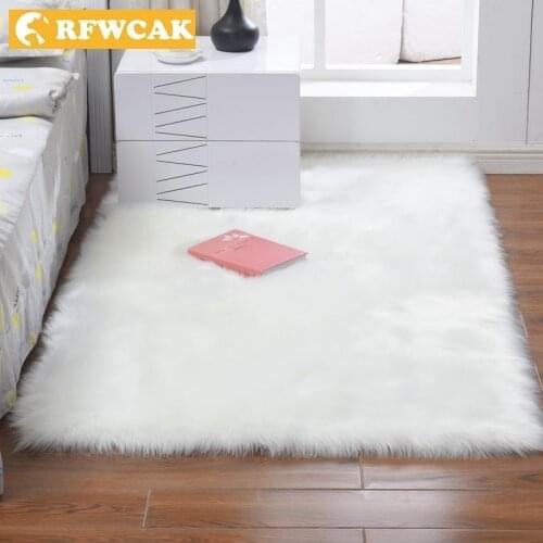 RFWCAK Rectangle Artificial Soft Sheepskin Hairy Mat Carpets For Living Room Bedroom Rug Seat Chair Cushion Home Decor Tapete
